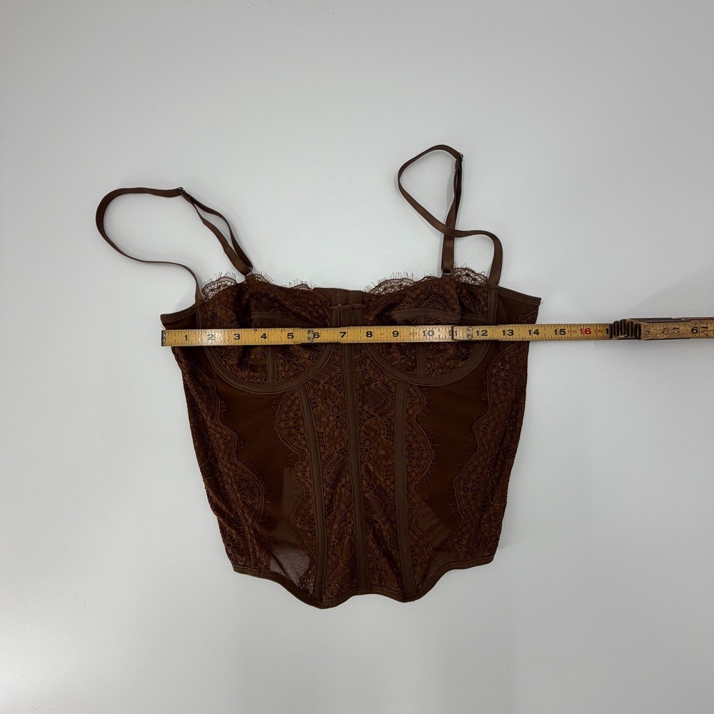 Brown Lace Mesh Underwire Corset Top Boned Bustier Hook Eye Back - Picture 3 of 4
